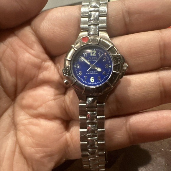 Works Vintage Guess Waterpro 26mm Watch Women Silver Blue Dial Date New Bat 6.5